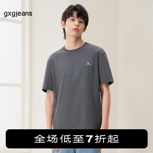 gxgjeans男装 2024年夏季圆领刺绣100%纯棉深灰色短袖T恤男