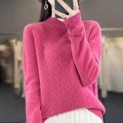 半高领美丽诺羊毛衫，秋冬纯色软糯套头毛衣清新时尚粉色针织衫