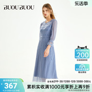 商场同款buoubuou春季气质纯色花瓣，袖钉珠连衣裙bg3g065
