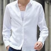 韩国夏季男闲亚麻白衬衫男装青年大码宽松上衣长袖棉麻衬衣薄