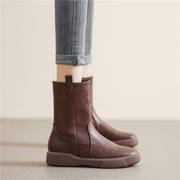 软皮马丁靴2023年女秋冬季英伦，风复古瘦瘦靴子，加绒厚底中筒靴