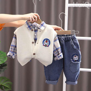 宝宝春装套装1一3岁男童衬衣，网红三件套潮小童，韩版洋气衣服童装潮