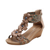 坡跟凉鞋女夏民族风百搭中跟厚底花朵时尚妈妈凉鞋包跟罗马鞋