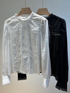 法式复古重工镂空刺绣蕾丝浪漫圆领灯笼袖薄款纯棉衬衫