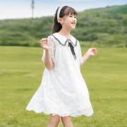 女童2023夏装中大童，短袖白色蕾丝公主纱裙，气质洋气超仙连衣裙