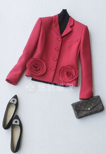 高定系 手工玫瑰花衣摆 神秘黑和中国红 重磅丝羊毛精致西装外套
