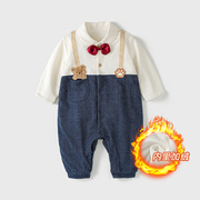 婴儿衣服a类男宝宝绅士哈衣春秋装加绒假两件周岁礼服长袖连体衣