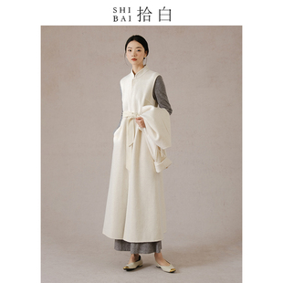 shibai拾白新中式连衣裙秋冬高端100%澳洲羊毛，无袖双面呢白色长裙