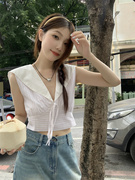 韩系白色系带无袖衬衫女夏季修身辣妹，风气质短款设计感上衣潮