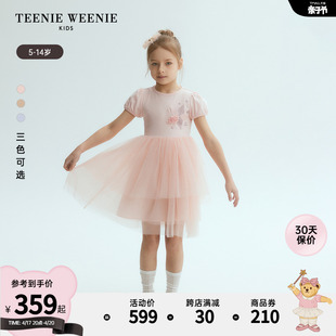 TeenieWeenie Kids小熊童装24年夏女童拼接网纱公主袖连衣裙