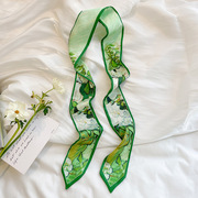 梵高绿色白玫瑰油画丝巾女法式发带长条绑包飘带，百搭装饰春夏领巾