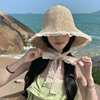 遮阳帽草帽女法式夏飘带(夏飘带，)渔夫帽出游海边沙滩，防晒遮脸可折叠太阳帽