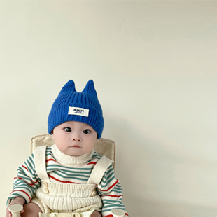 婴儿毛线帽可爱尖角套头，帽子0-3个月新生儿宝宝，秋冬保暖针织帽潮8