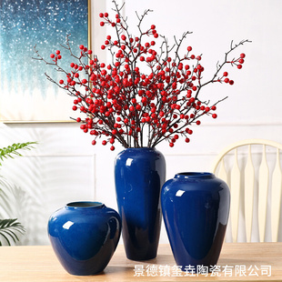 景德镇陶瓷花瓶光面蓝手工陶瓷花盆设计创意仿真花插花陶瓷工艺品