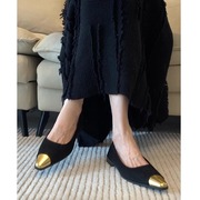 小香风拼色尖头单鞋女2024设计感一脚蹬法式气质浅口瓢鞋平底
