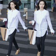 立领纯棉白衬衫女韩版中长款大码显瘦性感长袖衬衣2023年春季女装