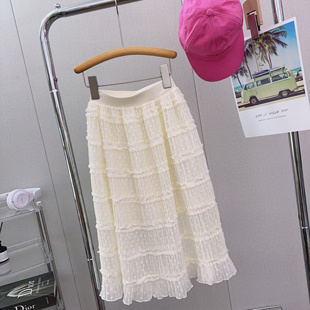2024夏季女童甜美雪纺裙垂感半身裙米色长裙公主时髦蕾丝裙