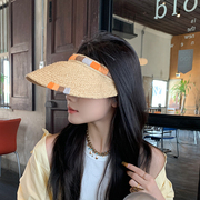 韩国设计师空顶帽夏季户外防晒帽子女士沙滩度假拉菲草帽子遮阳帽