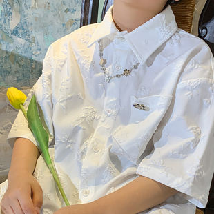 高甜梨涡童装痞帅男童白色衬衫，短袖女童夏装，儿童夏季玫瑰提花上衣