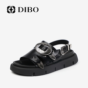 DIBO碲铂金属风真皮凉鞋女夏季休闲舒适时装纯色平跟凉鞋