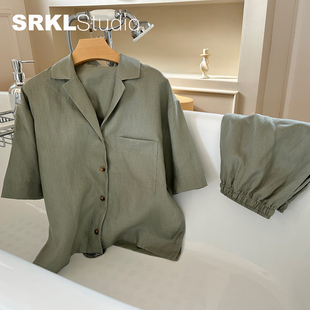 srklstudio亚麻睡衣女，短袖短裤法式翻领家居服沙滩，度假衬衣套装