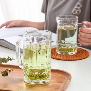 加厚耐热玻璃茶杯透明带把啤酒杯，扎啤杯大号家用水杯茶楼泡茶把杯