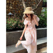 法式粉色雪纺V领泡泡袖连衣裙女夏季气质高级感海边度假收腰裙子