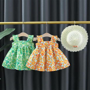 婴儿夏季吊带连衣裙0一4岁3小宝宝2周女童，纯棉夏装女孩吊带送帽子