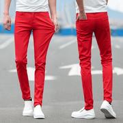 纯红色牛仔裤男休闲修身弹力小脚裤韩版潮流个性紧身帅气长裤