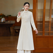 新中式女装秋季2023禅意，改良旗袍汉服毛呢刺绣，连衣裙唐装茶服