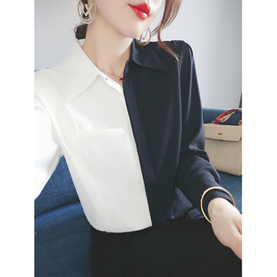 秋季长袖衬衫女设计感小众法式上衣2023黑白拼色休闲职业女装