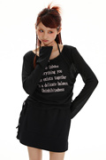 美式复古黑色蕾丝圆领长袖T恤女胖mm早春设计感抽绳辣妹短款上衣