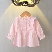 女童长袖衬衫春秋纯色，蝴蝶结中小童洋气衬衣，宝宝套头薄款上衣