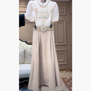芙娜妮新中式重工钉珠刺绣，荷叶边上衣女气质，收腰半裙套装f2410327