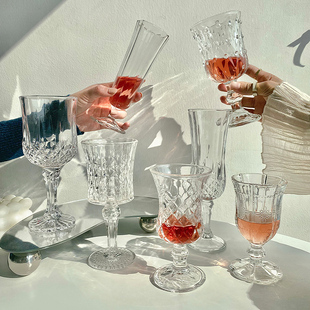 氛围感酒杯高端精致杯子复古浮雕钻石杯玻璃杯高脚杯香槟杯果汁杯