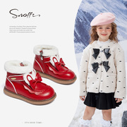 Snoffy斯纳菲新年款女童皮靴冬季加绒加厚红色短靴国风宝宝棉鞋