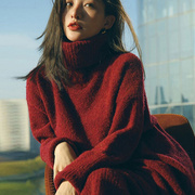 法式加厚高领毛衣打底长裙红色，针织连衣裙秋冬内搭宽松时尚暖和
