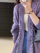 设计感紫色针织开衫外套女春秋装，大码宽松休闲复古慵懒风毛衣上衣