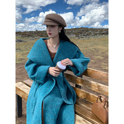 竹依依高端孔雀蓝色，连帽双面羊绒大衣女，长款2023冬羊毛呢外套
