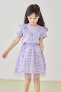 2023春夏女童甜美蕾丝花边短袖紫色格纹印花松紧腰短裙两件套