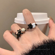 卡通搞怪黑色猫咪戒指女小众设计开口指环童趣可爱简约套装食指戒
