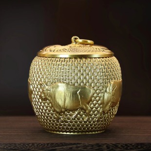 纯黄铜茶叶罐密封储存罐高档小号五牛图存茶盒茶仓普洱醒茶工艺品