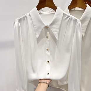 2023韩国修身显瘦翻领单排扣纯色，长袖雪纺衬衫，女夏季缎面衬衫