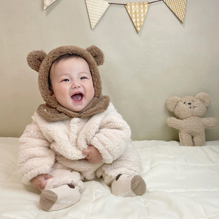 韩版冬装宝宝加绒连体衣超萌洋气珊瑚绒保暖哈衣外出爬服婴儿衣服