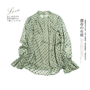 朦胧烫金波点印花 减龄小立领 领部打褶长袖衬衫女雪纺衫上衣 春