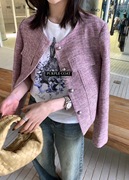 metwo紫色法式小香风外套，女2024春季复古气质小个子短款开衫上衣