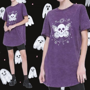 美单摇滚朋克哥特暗黑水洗紫色骷髅长款下半身消失短袖T恤