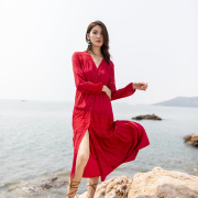 海边旅游度假沙滩裙V领高腰长裙显瘦红色镂空蕾丝连衣裙