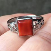 天然凉山柿子红南红玛瑙方块戒指女款 925银指环首饰饰品