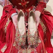 秀禾服婚鞋女中式婚礼结婚新娘，鞋红色平底孕妇婚纱两穿绣花鞋大码